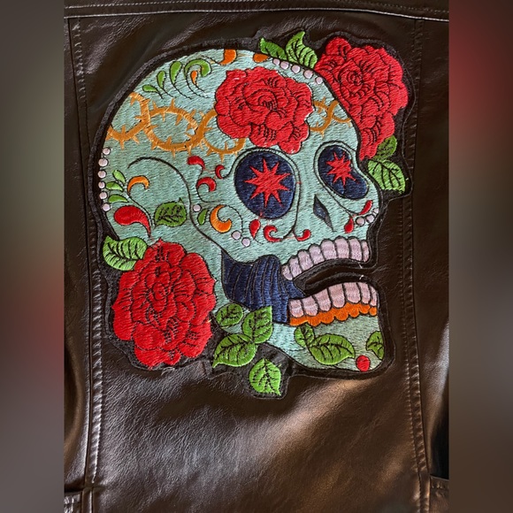Sugar Skull Upcycled Black Faux Leather Motorcycle Jacket Women’s Size S - Picture 3 of 9
